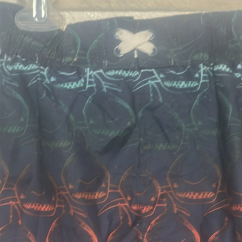 Revolution Boys Shark Print Swim Trunks Navy Blue Orange Teal Size L 12/14 NWT